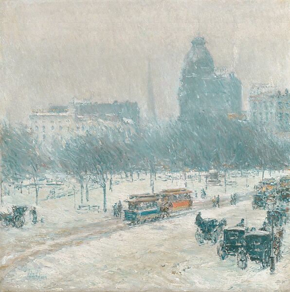 Winter in Union Square, Childe Hassam (American, Dorchester, Massachusetts 1859–1935 East Hampton, New York), Oil on canvas, American