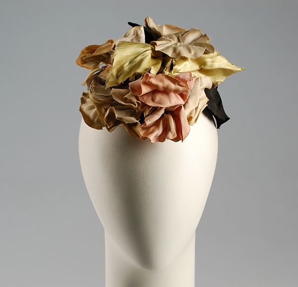 Dinner hat, Schiaparelli (French, founded 1927), Cotton, plastic (cellulose acetate), silk, French 