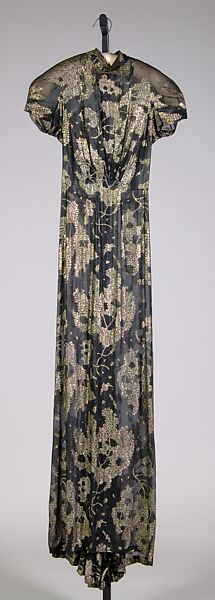 Evening dress, Schiaparelli (French, founded 1927), Silk, metallic , French 