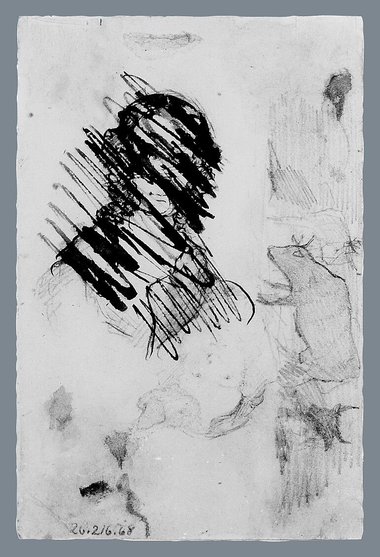 Sketches: Cows; Two Female Portraits, One Crossed Out (from McGuire Scrapbook), Emanuel Leutze (American, Schwäbisch Gmünd 1816–1868 Washington, D.C.), Graphite, partially effaced with iron-gall ink, on off-white Bristol board, American