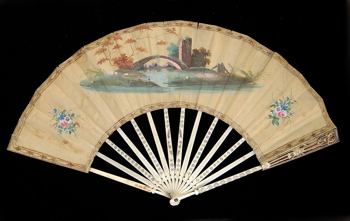 Fan, Ivory, metallic, mineral, mother-of-pearl, silk, straw, sequins, French