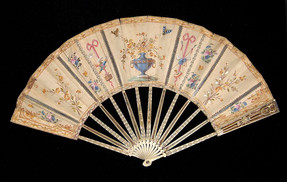 Fan, Ivory, metallic, mineral, mother-of-pearl, silk, straw, sequins, French 