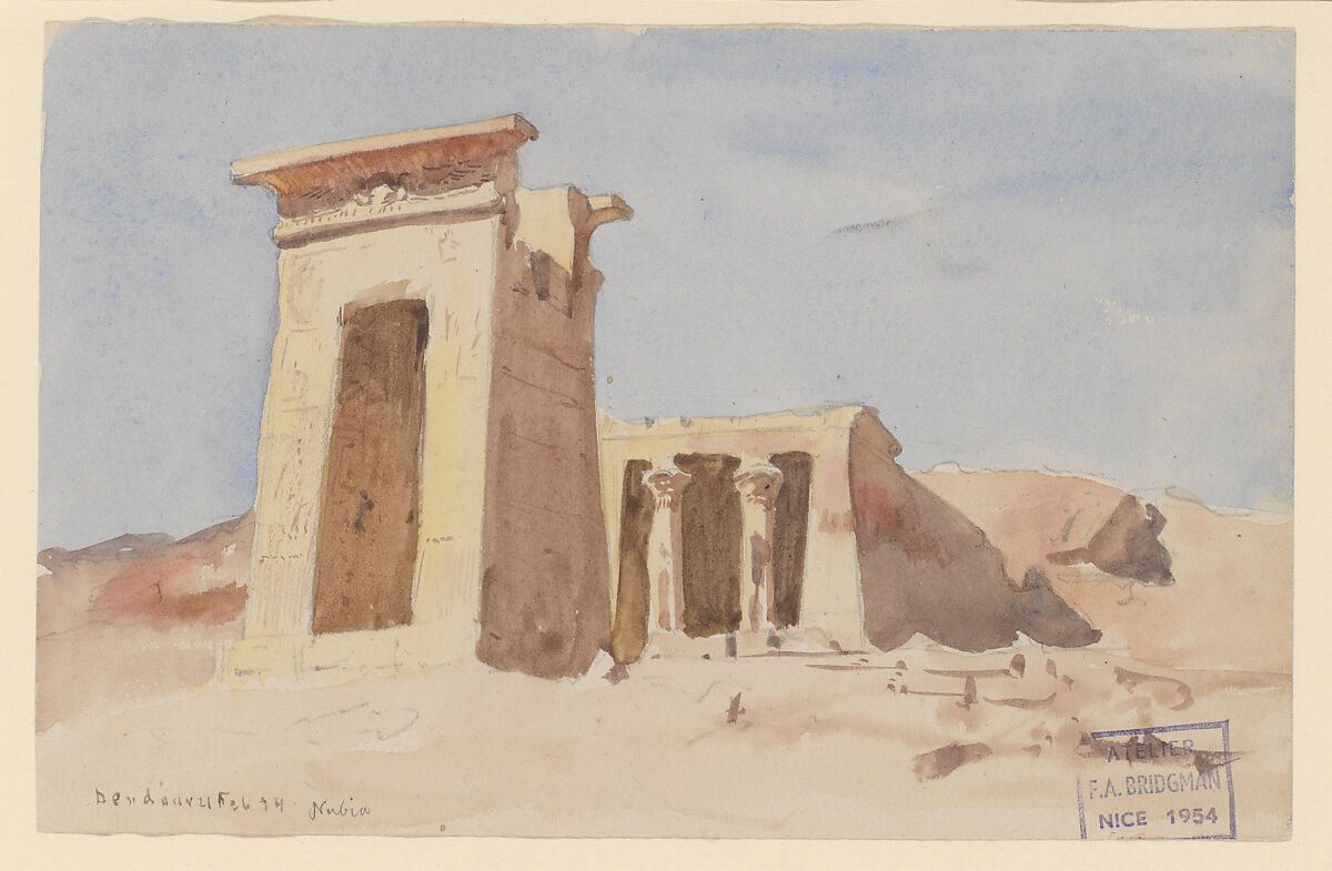 The Temple of Dendur, showing the Pylon, Frederick Arthur Bridgman (1847–1928), Watercolor and graphite on off-white wove paper, American 