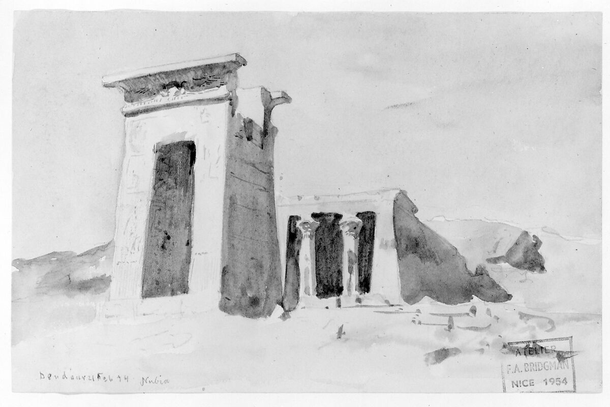 The Temple of Dendur, showing the Pylon, Frederick Arthur Bridgman (1847–1928), Watercolor and graphite on off-white wove paper, American