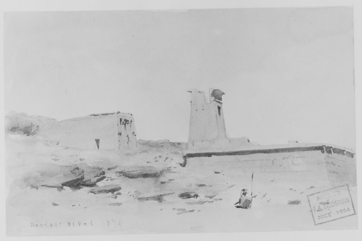 The Temple of Dendur, Showing the Pylon and Terrace, Frederick Arthur Bridgman (1847–1928), Watercolor and gouache on off-white wove paper, American