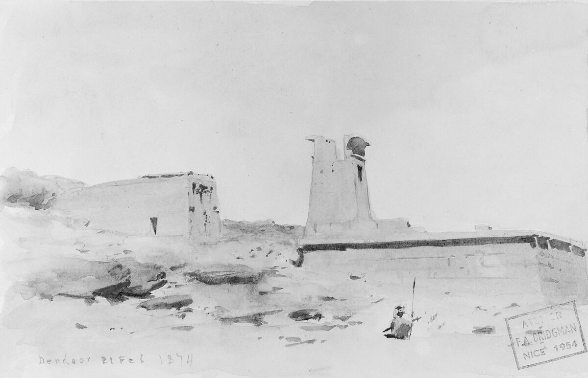 The Temple of Dendur, Showing the Pylon and Terrace, Frederick Arthur Bridgman (1847–1928), Watercolor and gouache on off-white wove paper, American