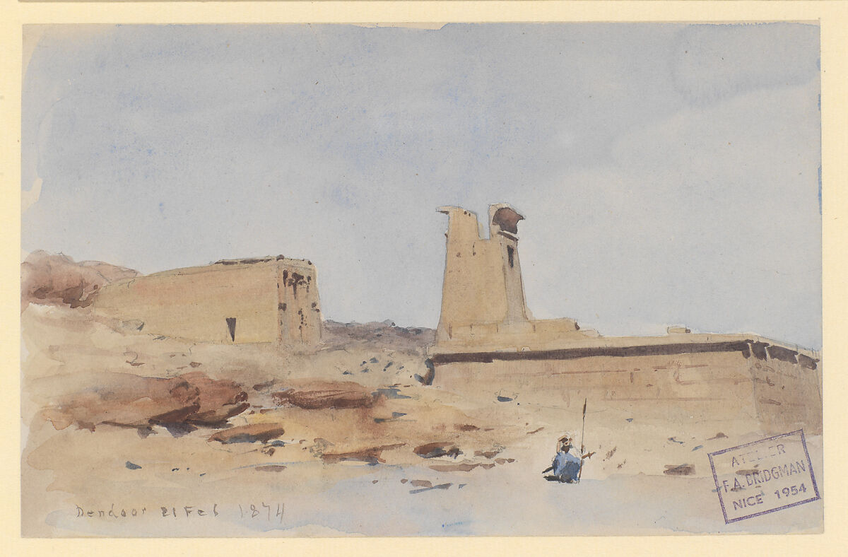 The Temple of Dendur, Showing the Pylon and Terrace, Frederick Arthur Bridgman (1847–1928), Watercolor and gouache on off-white wove paper, American 