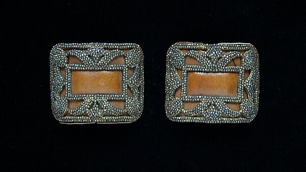 Shoe buckles, Metal, leather, probably French 