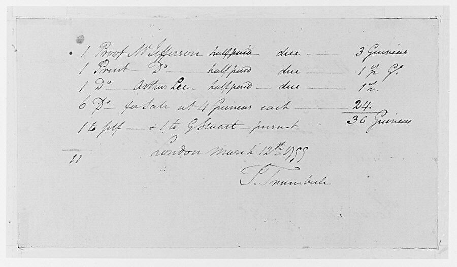 Disposition list for engravings of "The Sortie Made by the Garrison at Gibraltar", John Trumbull (American, Lebanon, Connecticut 1756–1843 New York), Ink on tan paper, American