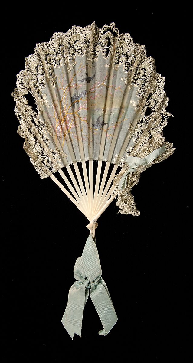 Fan, Ivory, silk, mother-of-pearl, French 