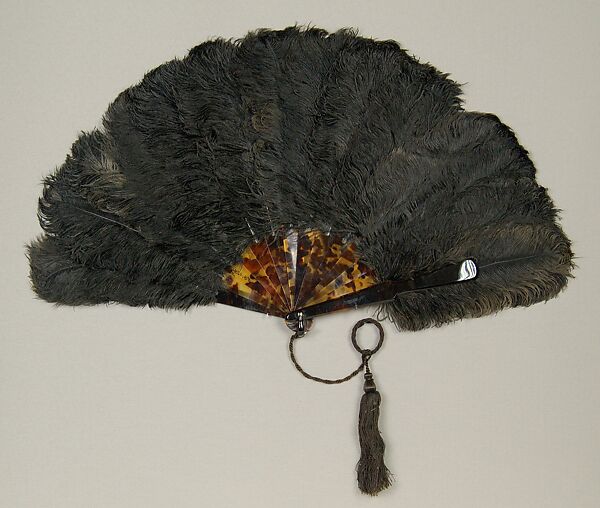Fan, Tortoiseshell, feather, silk, possibly French 