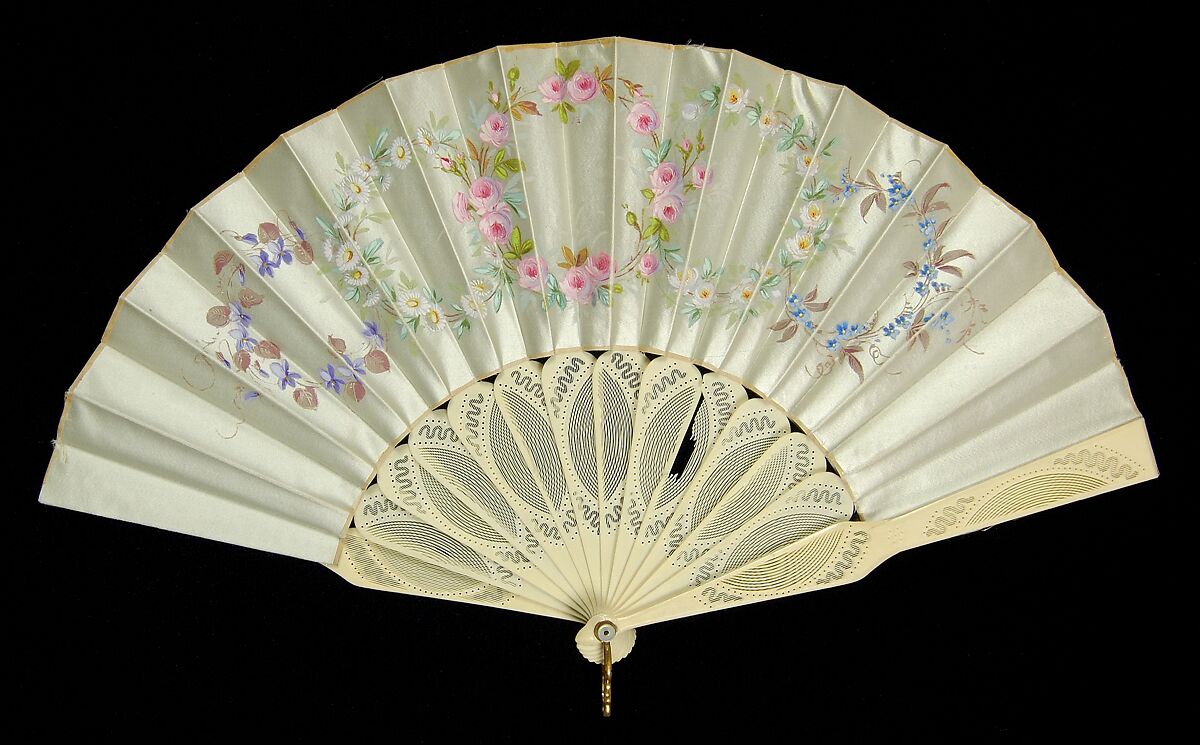 Fan, Ivory, silk, mother-of-pearl, metal, American 