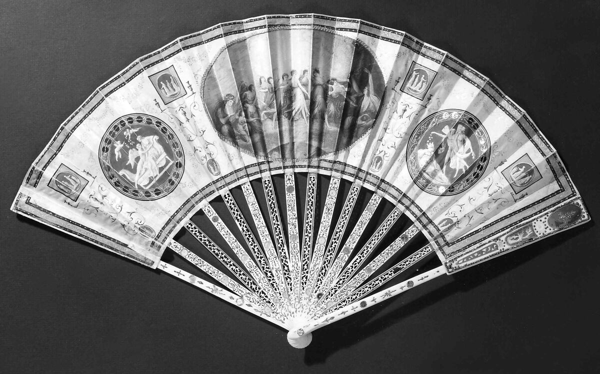 Fan, Ivory, silk, metal, French