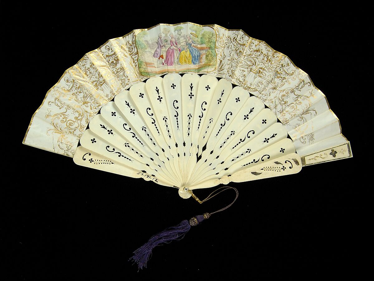 Fan, Ivory, metallic, metal, glass, paper, mother-of-pearl, probably Spanish