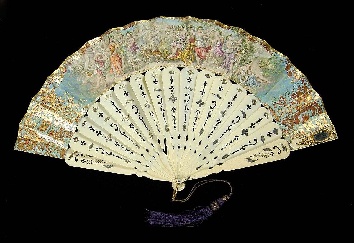 Fan, Ivory, metallic, metal, glass, paper, mother-of-pearl, probably Spanish 