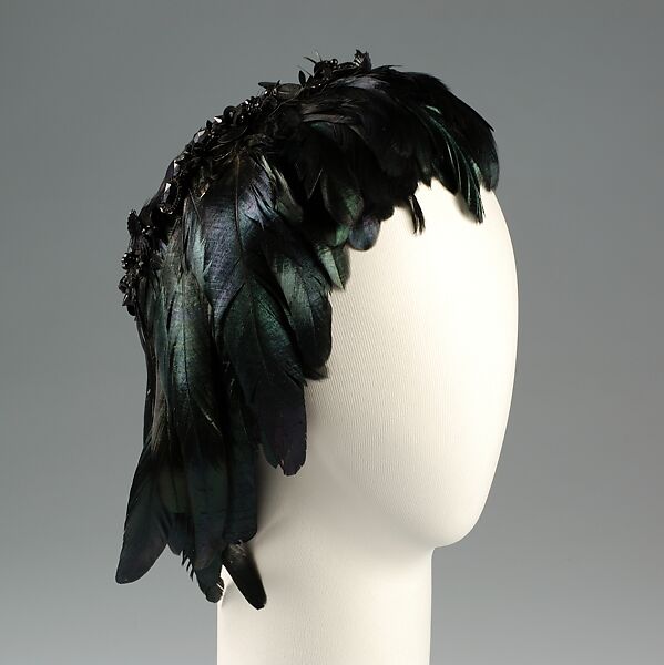 Evening hat, John-Frederics (American, 1929–1948), Silk, feathers, beads, paillettes, American 