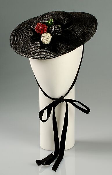 Hat, Margie-Pauline Millinery, straw, rayon, wood, American 