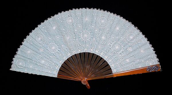 Fan, plastic, metal, linen, silk, American 