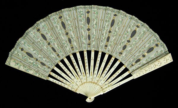 Fan, Ivory, metal, silk, sequins, French 