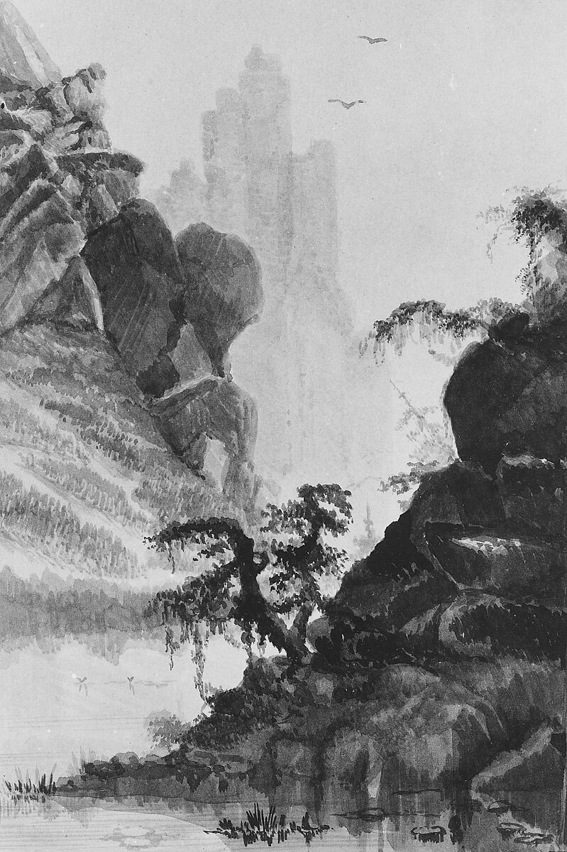 Mountain Landscape, David Pell Secor (ca. 1824–1909), Ink washes on Bristol board, American 