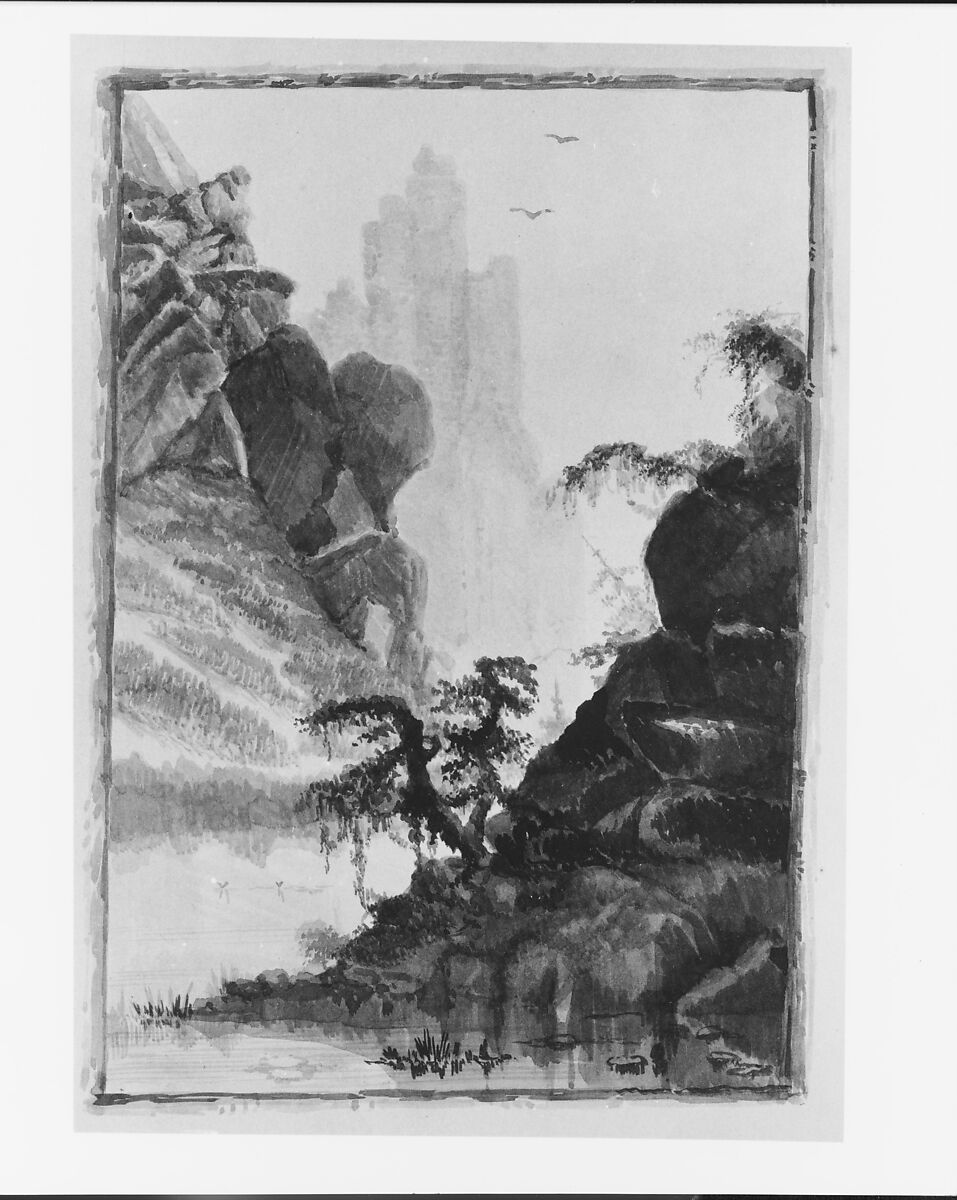 Mountain Landscape, David Pell Secor (ca. 1824–1909), Ink washes on Bristol board, American