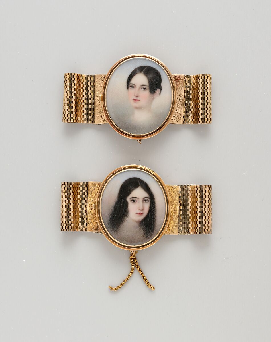 Pair of Bracelets, Painted by John Carlin (American, Philadelphia, Pennsylvania 1813–1891 New York), Gold, watercolor on ivory, hair, American