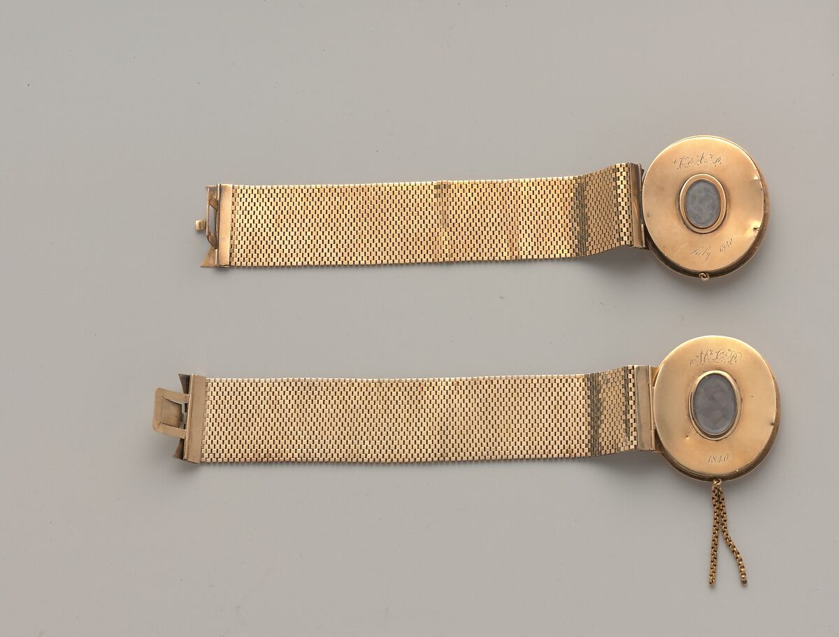 Pair of Bracelets, Painted by John Carlin (American, Philadelphia, Pennsylvania 1813–1891 New York), Gold, watercolor on ivory, hair, American