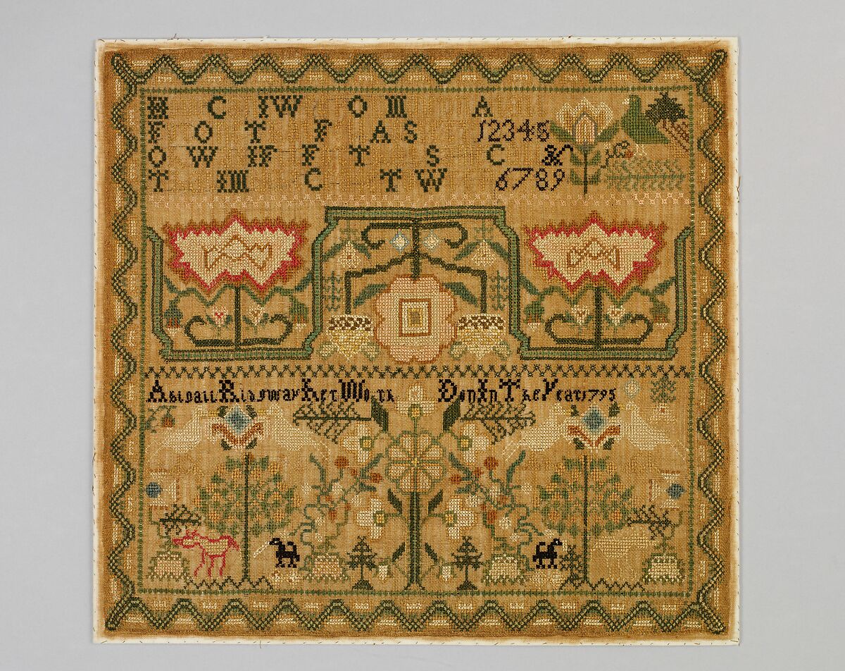 Embroidered Sampler, Abigail Ridgway (born 1778), Silk embroidery on linen, American 