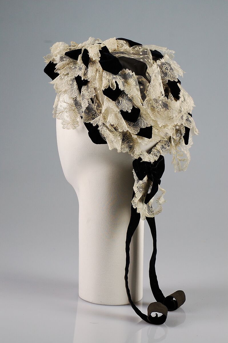 Bonnet, Linen, silk, beads, American