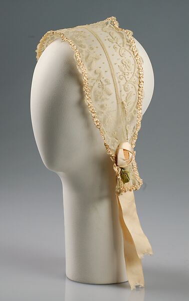 Boudoir cap, Silk, linen, American 