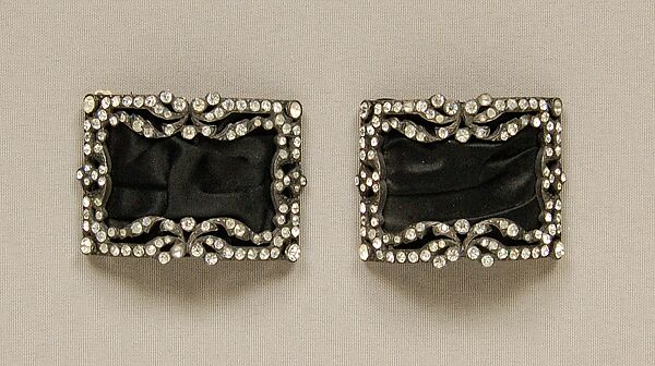 Shoe buckles, Metal, rhinestones, silk, possibly French 