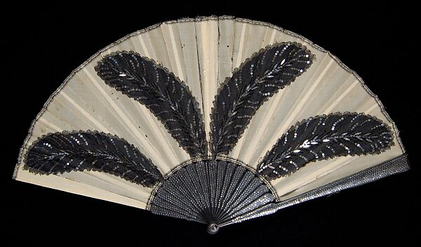 Fan, Faucon, Wood, metal, silk, sequins, mother-of-pearl, paper, French 