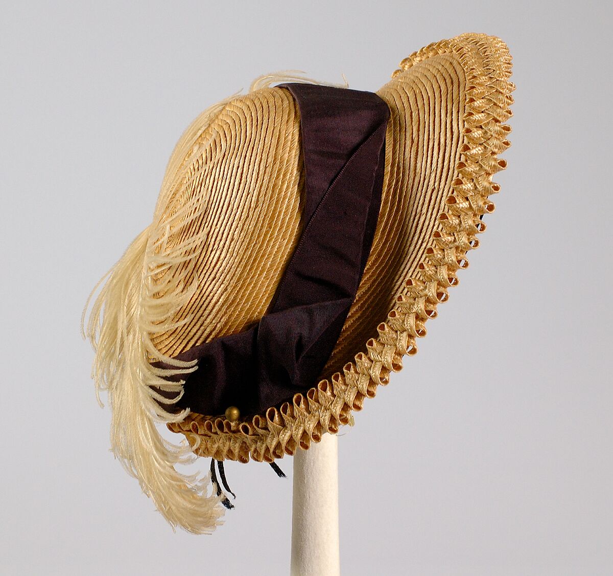 Bonnet, Straw, silk, feather, American 