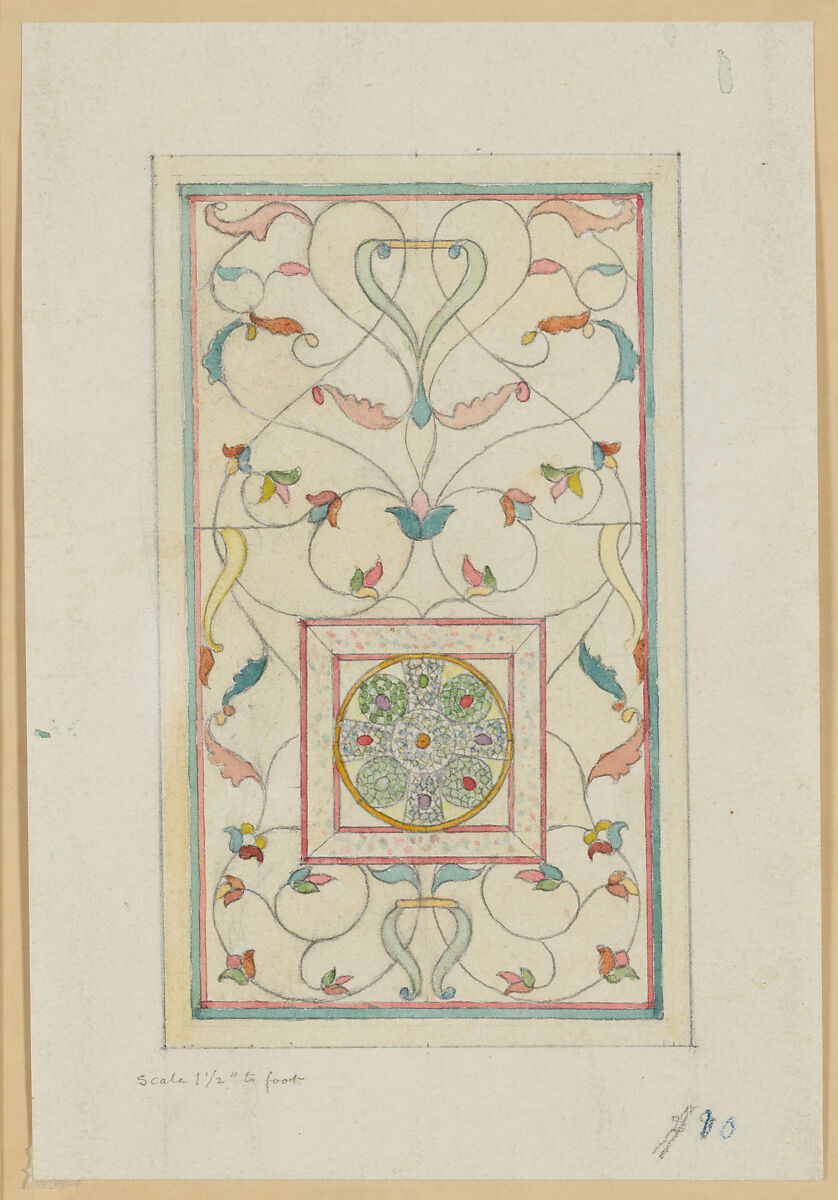 Study for Glass (Celtic Jeweled Cross in Arabesque), John La Farge (American, New York 1835–1910 Providence, Rhode Island), Watercolor and graphite on heavy white paper mounted on tan cardboard, American 