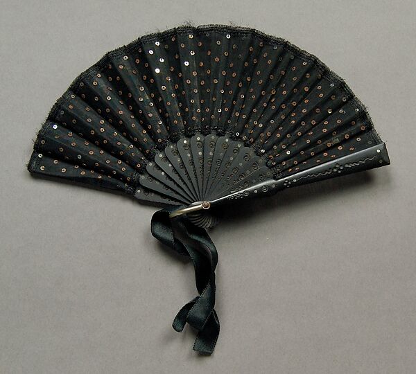 Fan, Wood, metal, silk, sequins, mother-of-pearl, possibly French 