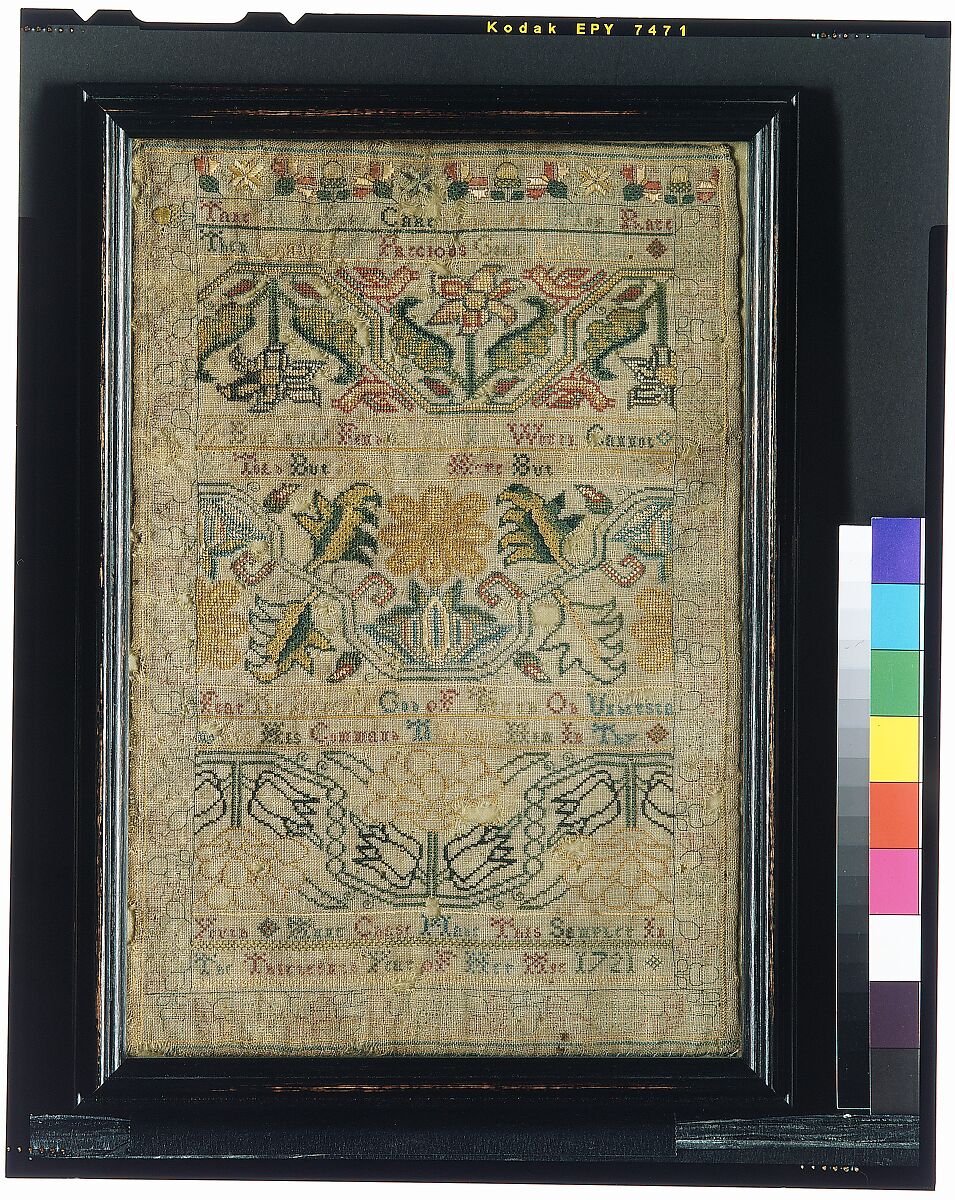 Embroidered Sampler, Anne Chase (American, born 1709), Silk embroidery on wool, American