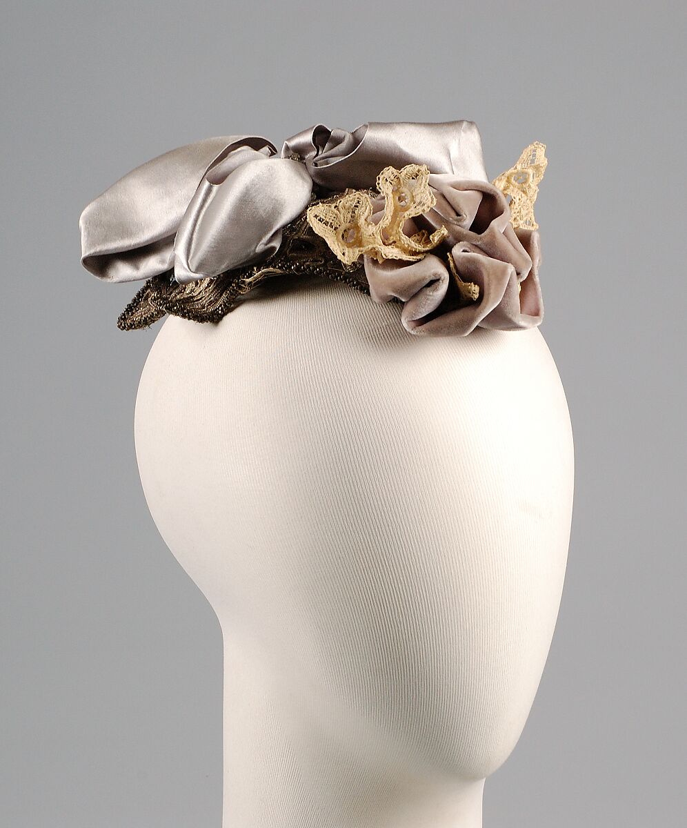 Evening hat, Madame Tierce, Silk, linen, rhinestones, metallic beads, sequins, American 