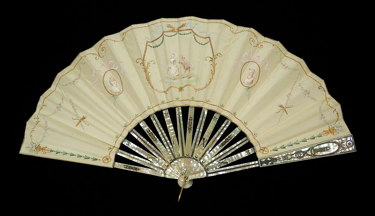 Fan, Mother-of-pearl, metallic, silk, metal, probably French 