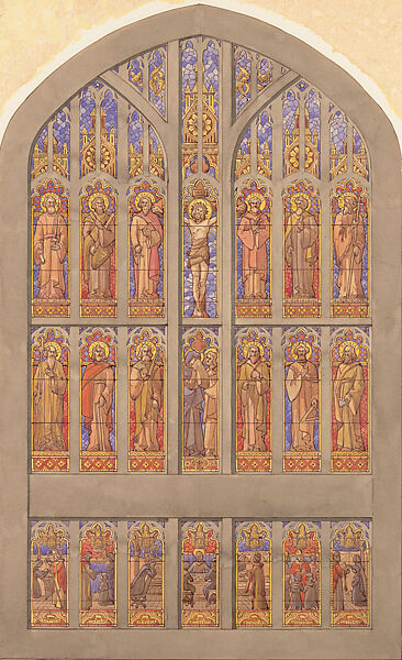 Design for a seven lancet window, Possibly Louis C. Tiffany (American, New York 1848–1933 New York), Watercolor, pen and brown ink, and graphite on artist board, American 