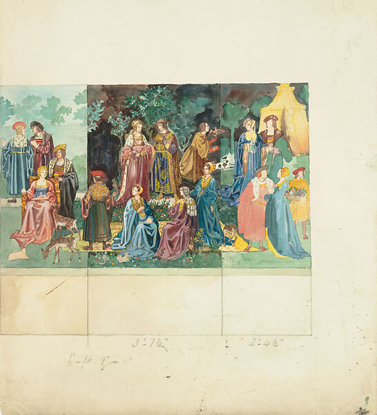 Design for a tapestry of medieval ladies and lords, Louis C. Tiffany (American, New York 1848–1933 New York), Watercolor and graphite on off-white artist board, American 