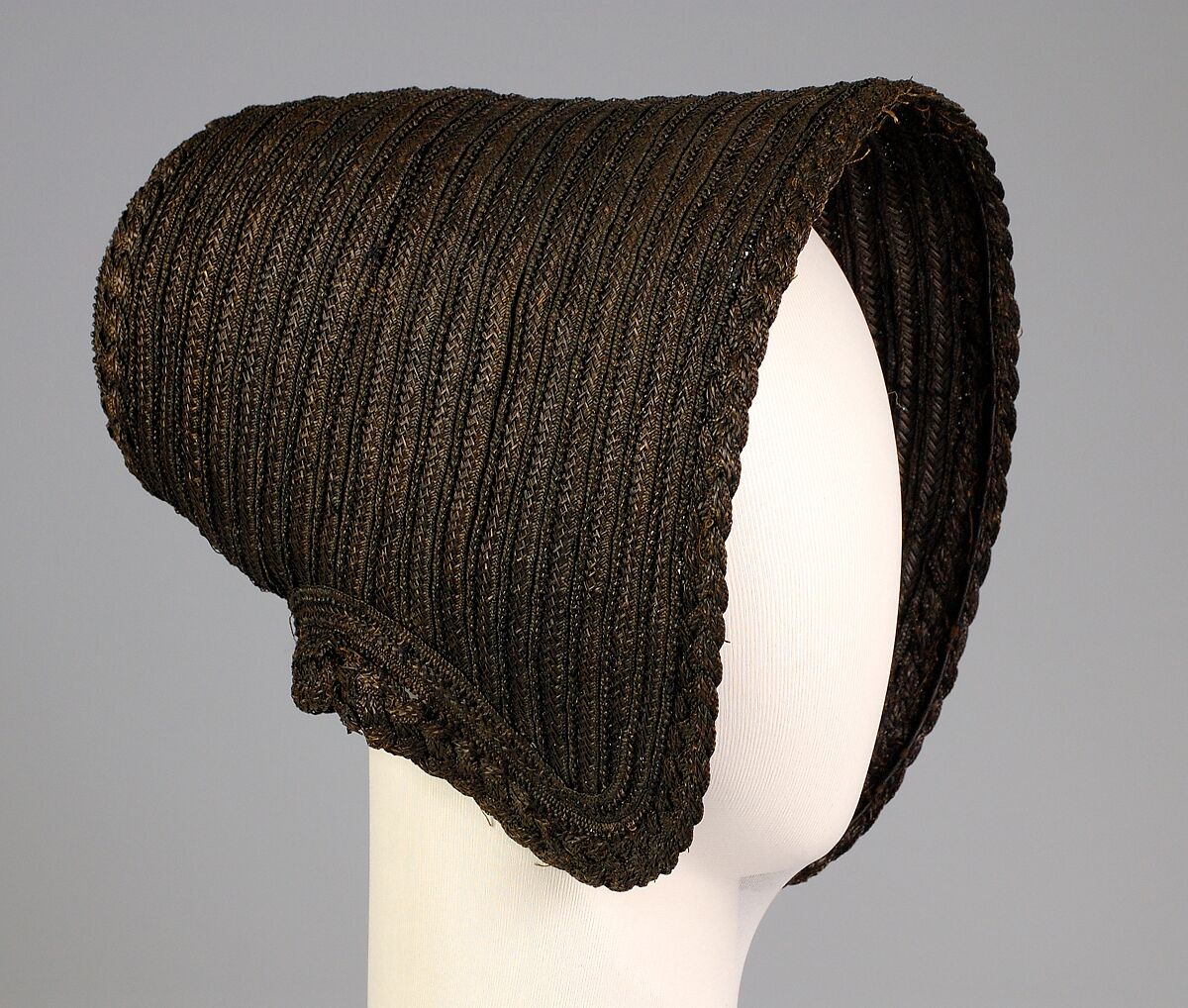 Mourning poke bonnet, Straw, silk, American 