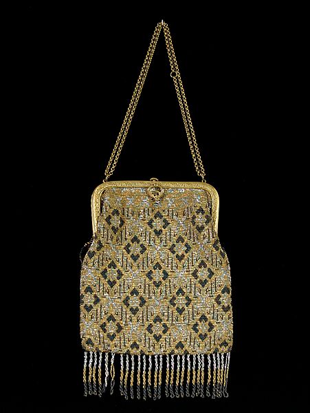 Evening bag, Metal, glass, linen, silk, French 
