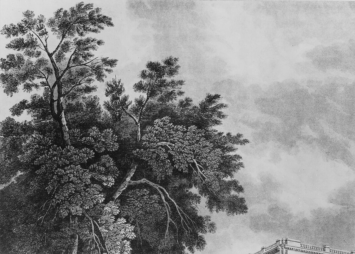 City Hall, John Hill (American (born England), London 1770–1850 Clarksville, New York), Fragment of a black and white watercolor aquatint on off-white wove paper, American