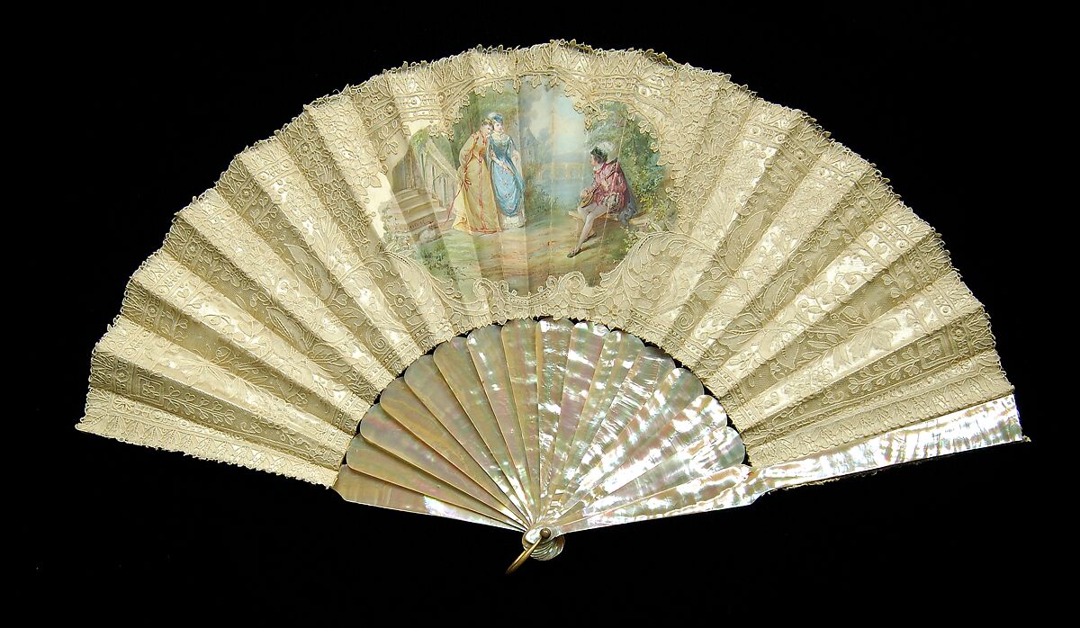 Fan, L. Langelier (French), Mother-of-pearl, linen, silk, metal, Belgian 