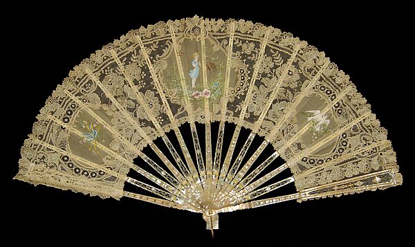 Fan, Mother-of-pearl, linen, silk, metal, opal, probably French 