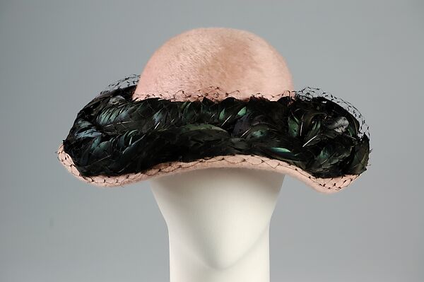 Hat, Sally Victor (American, 1905–1977), Wool, hair, feather, straw, American 