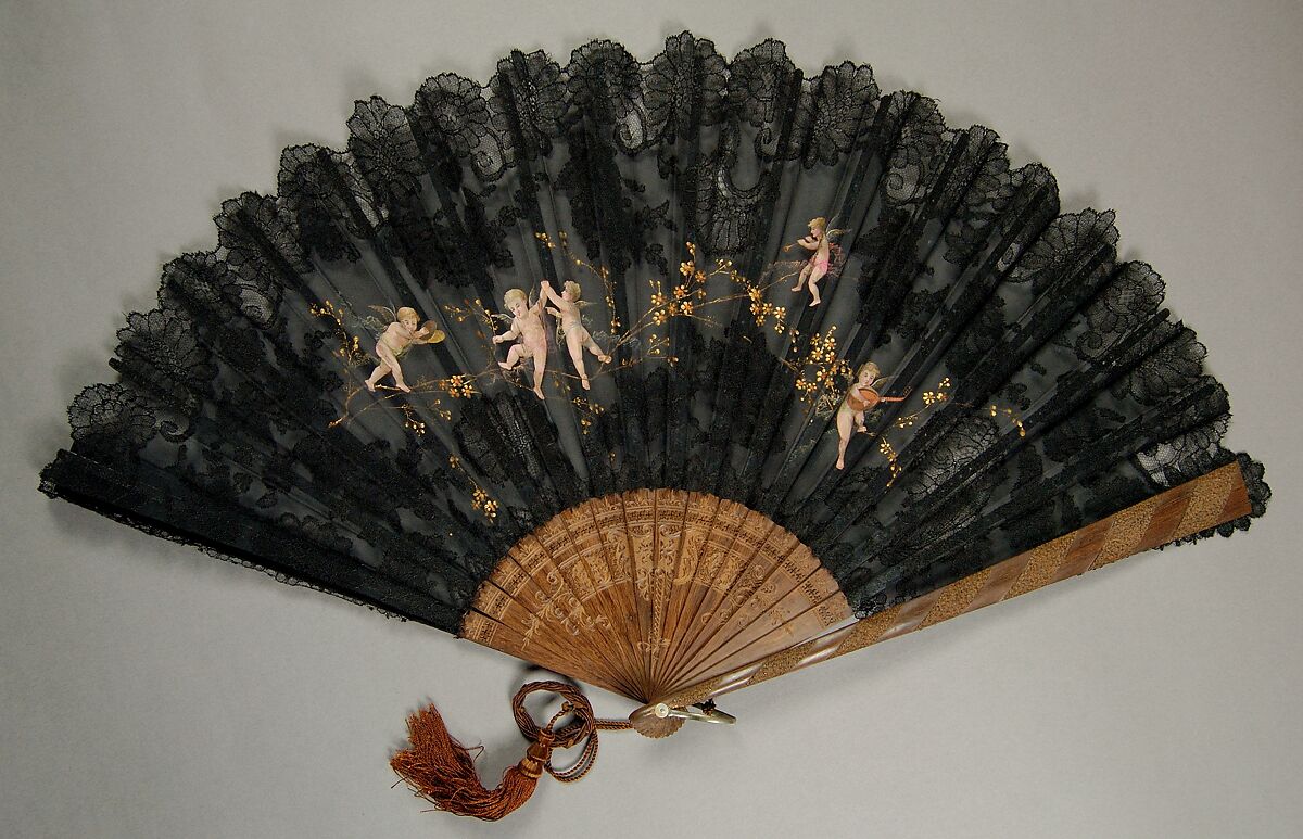 Fan, Wood, silk, mother-of-pearl, metal, French 
