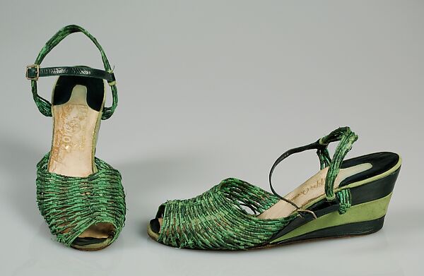 Sandals, Salvatore Ferragamo (Italian, 1898–1960), Straw, leather, Italian 