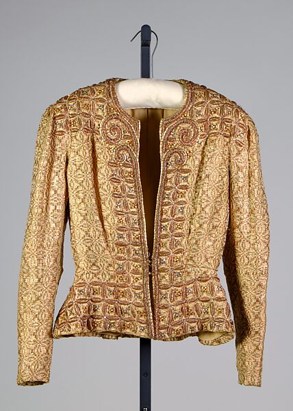 Evening jacket, Attributed to Elsa Schiaparelli (Italian, 1890–1973), Silk, linen, metallic, rhinestones, beads, French