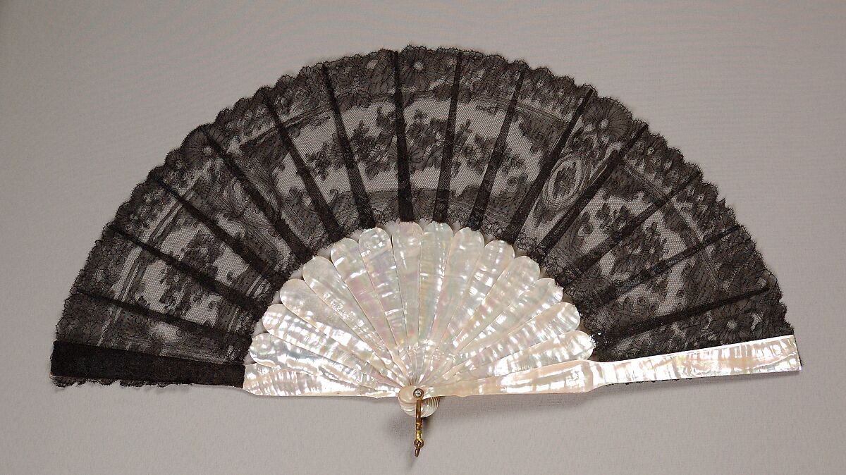 Fan, Mother-of-pearl, silk, metal, wood, glass, American 